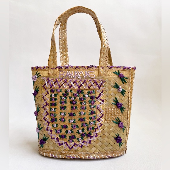 Vintage Y2K Handmade Woven Floral Wicker  Bag Wrong Bag Theory - Picture 1 of 9